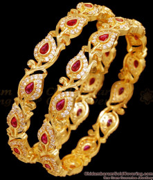 BR2534-2.10 Set Of Two Real Gold Look Ruby White Stone Bangle Leaf Design