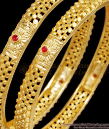 BR2562-2.10 Size Filigree Design Forming Gold Kada Bangle With Ruby Stone