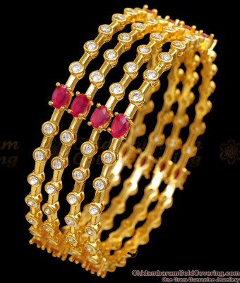 BR2632-2.10 Buy Set Of Four Ruby White Stone Gold Plated Bangle For Wedding