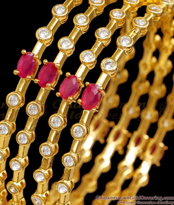 BR2632-2.10 Buy Set Of Four Ruby White Stone Gold Plated Bangle For Wedding