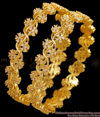 BR2633-2.10 Set Of 2 Premium Quality Floral Design White Stone Bangles