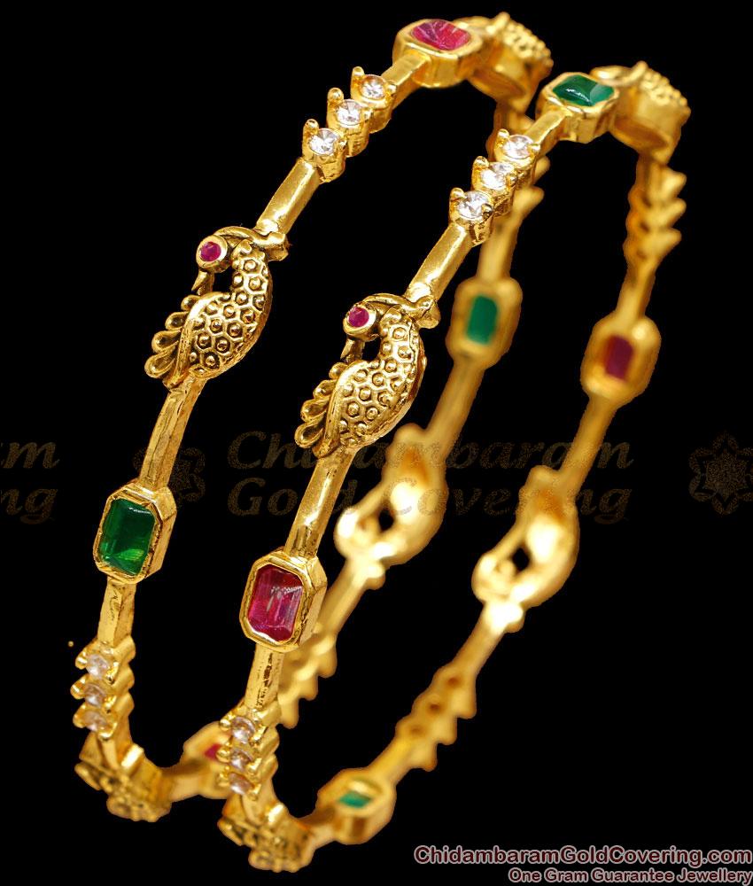 BR2641-2.10 Size Elegant Matt Finish Gold Imitation Stone Bangle Peacock Design