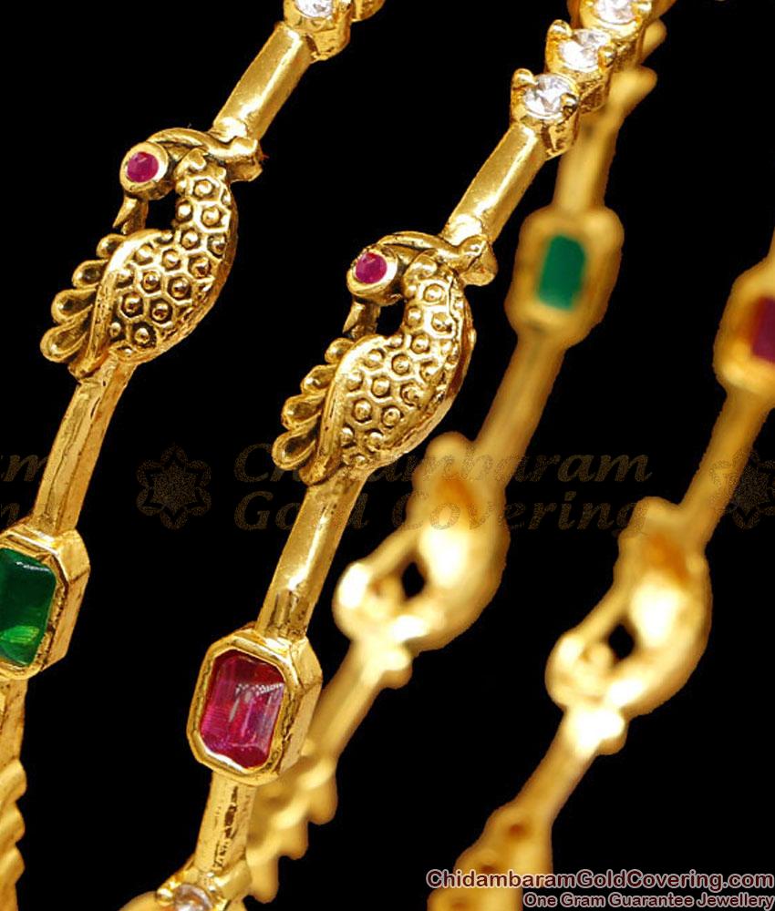 BR2641-2.10 Size Elegant Matt Finish Gold Imitation Stone Bangle Peacock Design