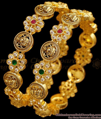 BR2642-2.4 Size Beautiful Lakshmi Design Antique Gold Bangle With Stones