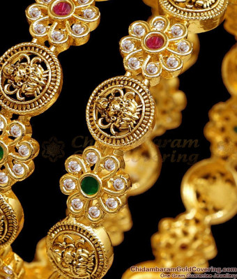BR2642-2.4 Size Beautiful Lakshmi Design Antique Gold Bangle With Stones