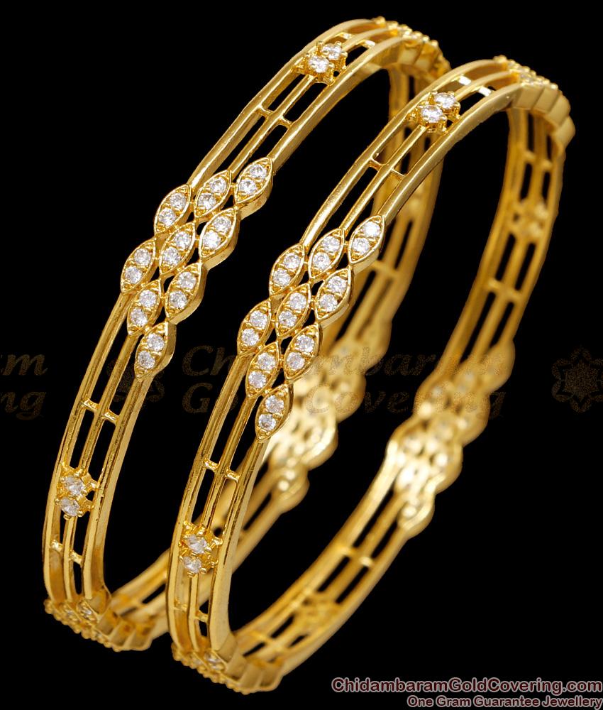 BR2719-2.10 Size Light Weight 3 Line Gold Imitation Bangle With White Stone