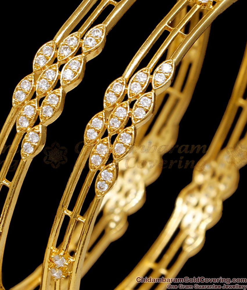 BR2719-2.10 Size Light Weight 3 Line Gold Imitation Bangle With White Stone
