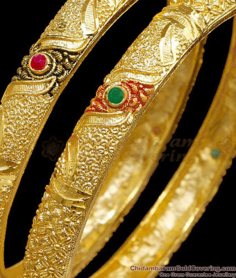BR2791-2.4 Size Traditional Meenakari Design Forming Gold Bangle With Ruby and Emerald Accents