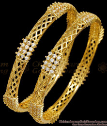 BR2797-2.10 Set Of Two Trendy 1 Gram Gold Plated Bangle White Stone Strips Design