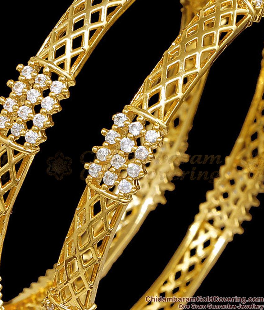 BR2797-2.10 Set Of Two Trendy 1 Gram Gold Plated Bangle White Stone Strips Design BR2797-2.10 Set Of Two Trendy 1 Gram Gold Plated Bangle White Stone Strips Design