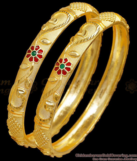 Two Bangles Two Gram Gold Bangles, Plain Bangles and Enamel Meenakari Bangle ...