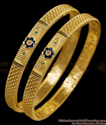 BR2827-2.8 Set Of Two Latest Flower Blue Enamel Design Gold Imitation Bangle For Brides