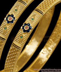BR2827-2.8 Set Of Two Latest Flower Blue Enamel Design Gold Imitation Bangle For Brides