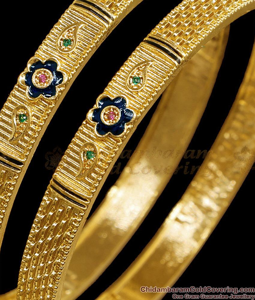 BR2827-2.6 Set Of Two Latest Flower Blue Enamel Design Gold Imitation Bangle For Brides