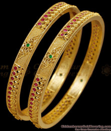 BR2829-2.8 Set Of Two Latest One Gram Gold Ruby Green Stone Bangle Floral Design