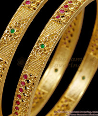 BR2829-2.4 Set Of Two Latest One Gram Gold Ruby Green Stone Bangle Floral Design