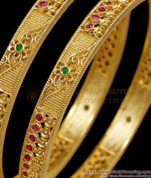 BR2829-2.8 Set Of Two Latest One Gram Gold Ruby Green Stone Bangle Floral Design