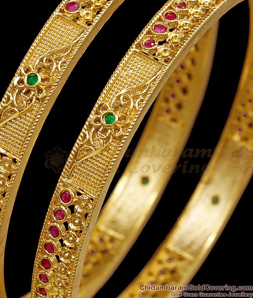 BR2829-2.8 Set Of Two Latest One Gram Gold Ruby Green Stone Bangle Floral Design