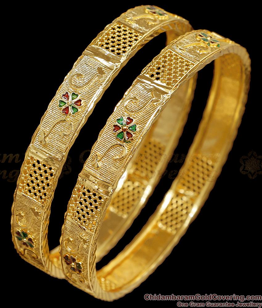 BR2832-2.6 Size Bridal Wear Gold Imitation Bangle Floral Enamel Design
