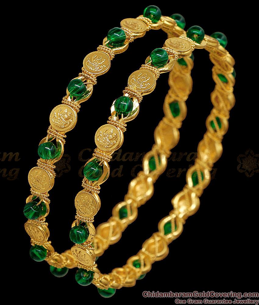 BR2838-2.10 Set Of Two Traditional Green Stone Lakshmi Coin Gold Bangle For Women