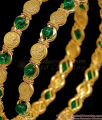 BR2838-2.10 Set Of Two Traditional Green Stone Lakshmi Coin Gold Bangle For Women