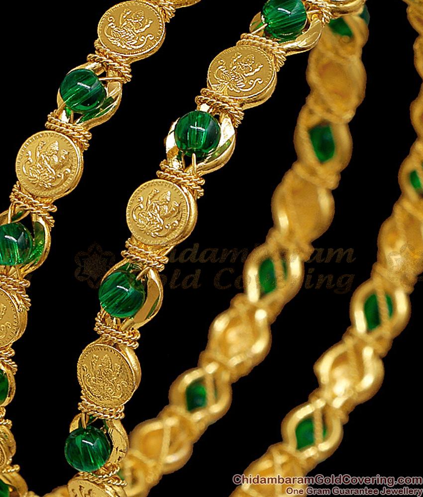 BR2838-2.10 Set Of Two Traditional Green Stone Lakshmi Coin Gold Bangle For Women