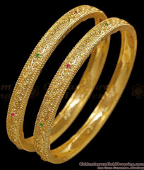 BR2852-2.6 Set Of Two Floral Design Ruby Green Stone Gold Imitation Bangle BR2852-2.6 Set Of Two Floral Design Ruby Green Stone Gold Imitation Bangle