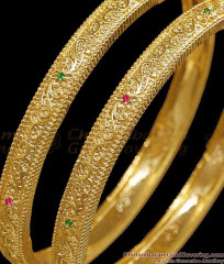 BR2852-2.6 Set Of Two Floral Design Ruby Green Stone Gold Imitation Bangle