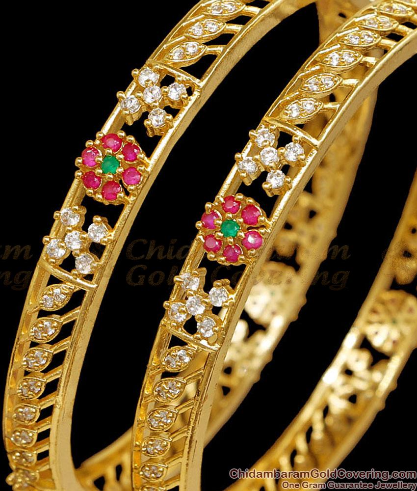 BR2857-2.8 Set Of Two Beautiful Ad Stone Gold Imitation Bangle Flower Design