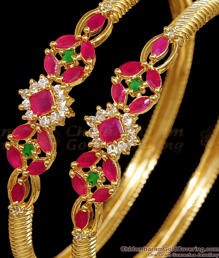 BR2859-2.6 Size Floral Design Ruby White Stone Kada Bangle Shop Online