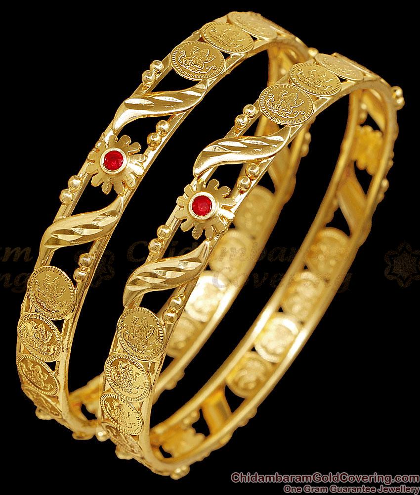 BR2860-2.6 Size Buy One Gram Gold Plated Lakshmi Coin Bangle With Ruby Stone BR2860-2.6 Size Buy One Gram Gold Plated Lakshmi Coin Bangle With Ruby Stone