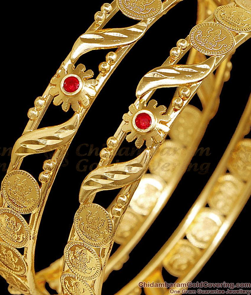 BR2860-2.6 Size Buy One Gram Gold Plated Lakshmi Coin Bangle With Ruby Stone BR2860-2.6 Size Buy One Gram Gold Plated Lakshmi Coin Bangle With Ruby Stone