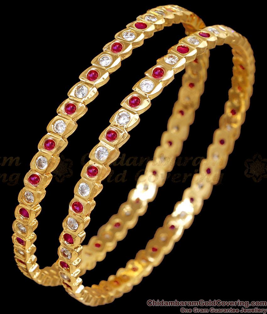 BR2886-2.8 Size Sleeky Ruby White Stone Impon Bangle Gold Finish