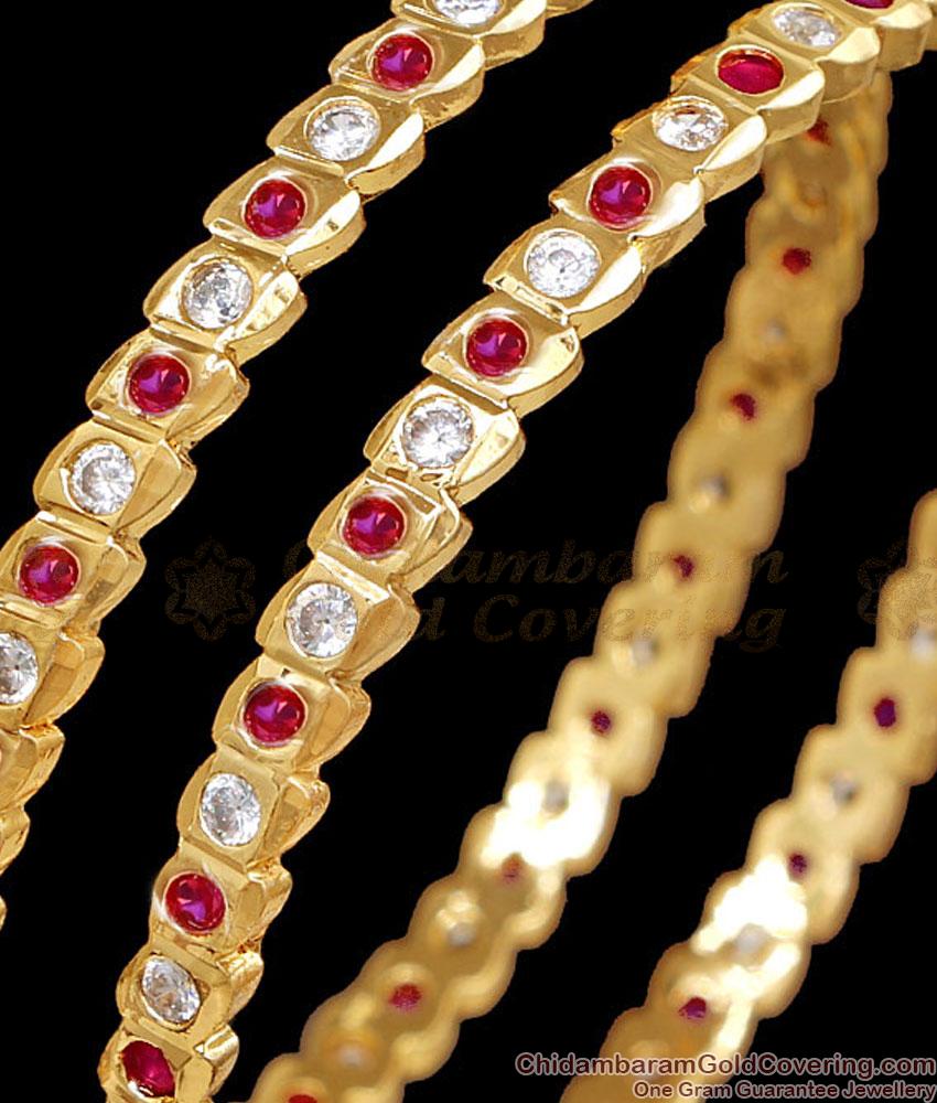 BR2886-2.8 Size Sleeky Ruby White Stone Impon Bangle Gold Finish