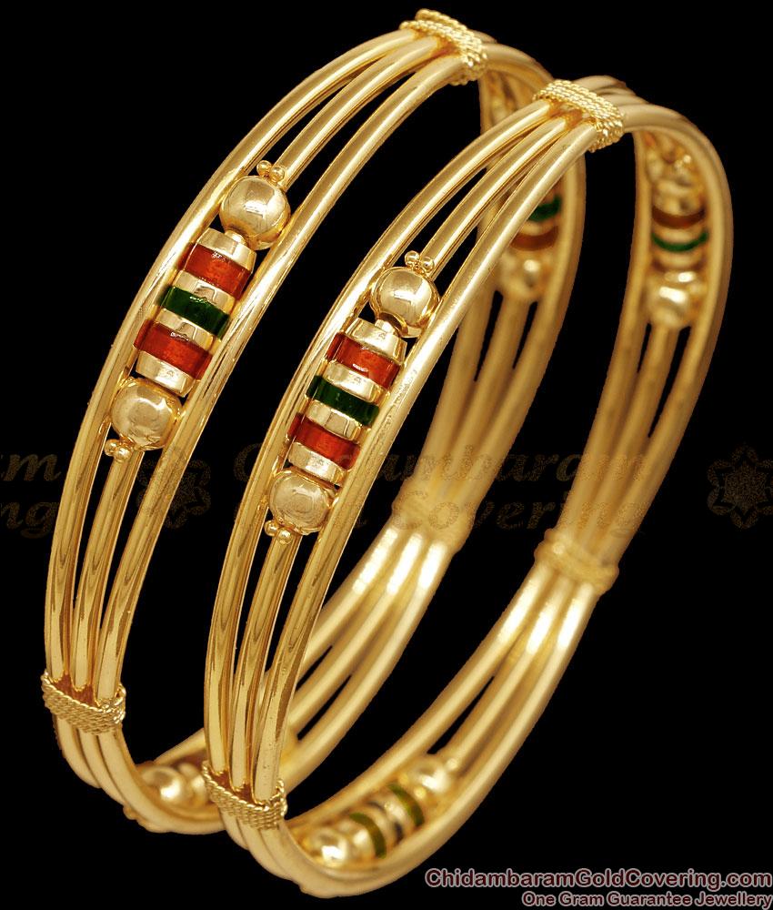 BR2906-2.8 Size Set Of 2 One Gram Gold Plated 3 Line Meenakari Kada Bangles BR2906-2.8 Size Set Of 2 One Gram Gold Plated 3 Line Meenakari Kada Bangles