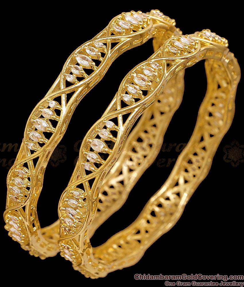 BR2922-2.4 Size Designer Gold Plated White CZ Stone Bangles Party Wear