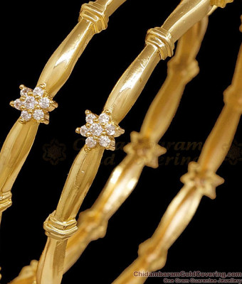 BR2928-2.6 Size Beautiful Floral Design White Stone Gold Plated Bangle