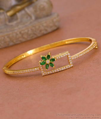 Glittering Emerald Stone Flower Design Kada Bracelet 1 Gram Gold Jewelry BRAC1111