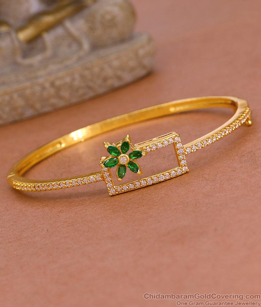 Glittering Emerald Stone Flower Design Kada Bracelet 1 Gram Gold Jewelry BRAC1111
