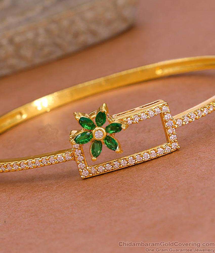 Glittering Emerald Stone Flower Design Kada Bracelet 1 Gram Gold Jewelry BRAC1111
