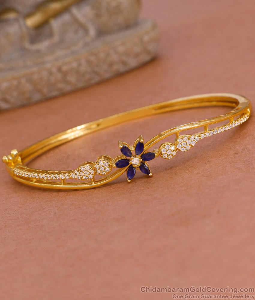 Attractive Blue Gemstone Flower Design Kada Bracelet Gold Finish BRAC1119