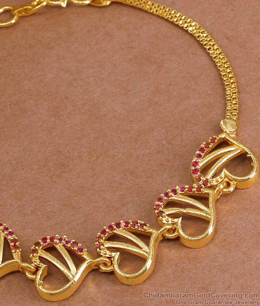 Stylish Heart Design Gold Plated Bracelet With Ruby Stones BRAC1123 Stylish Heart Design Gold Plated Bracelet With Ruby Stones BRAC1123