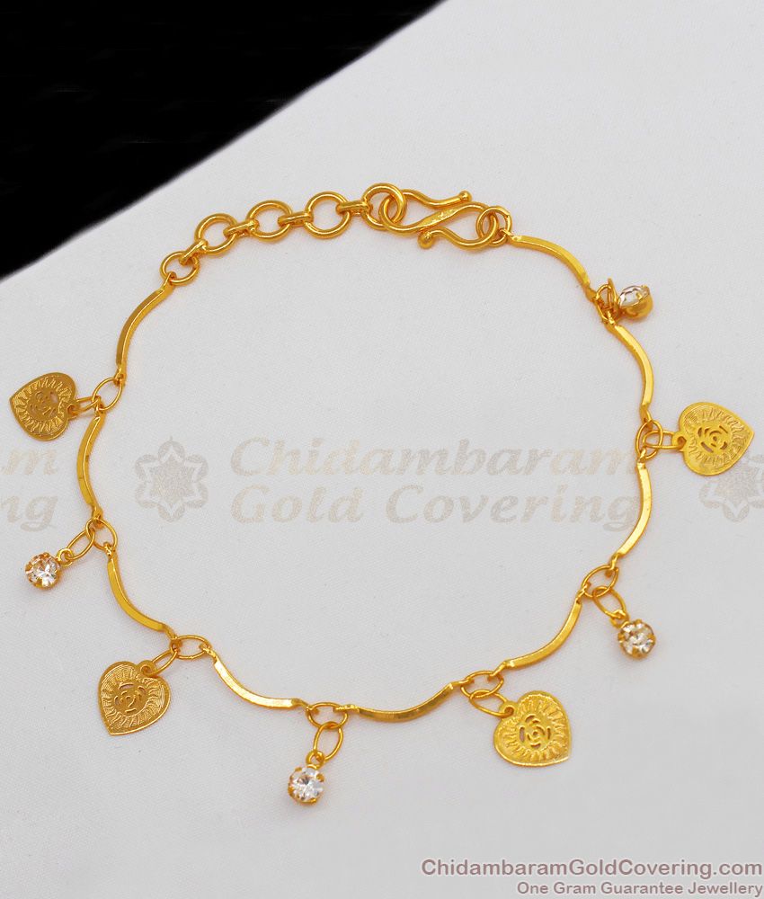 Thin Gold Inspired Heart Design Hanging White Stones Bracelet Daily Wear BRAC255