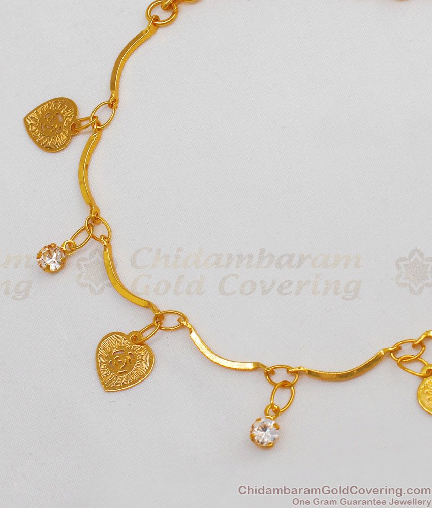 Thin Gold Inspired Heart Design Hanging White Stones Bracelet Daily Wear BRAC255