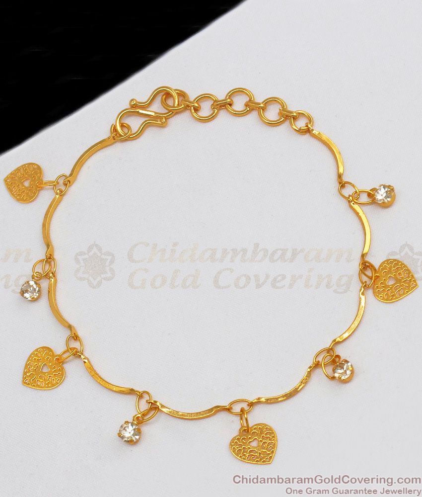 Thin Gold Bracelet Heart Design Hanging White Stones Bracelet Daily Wear BRAC262