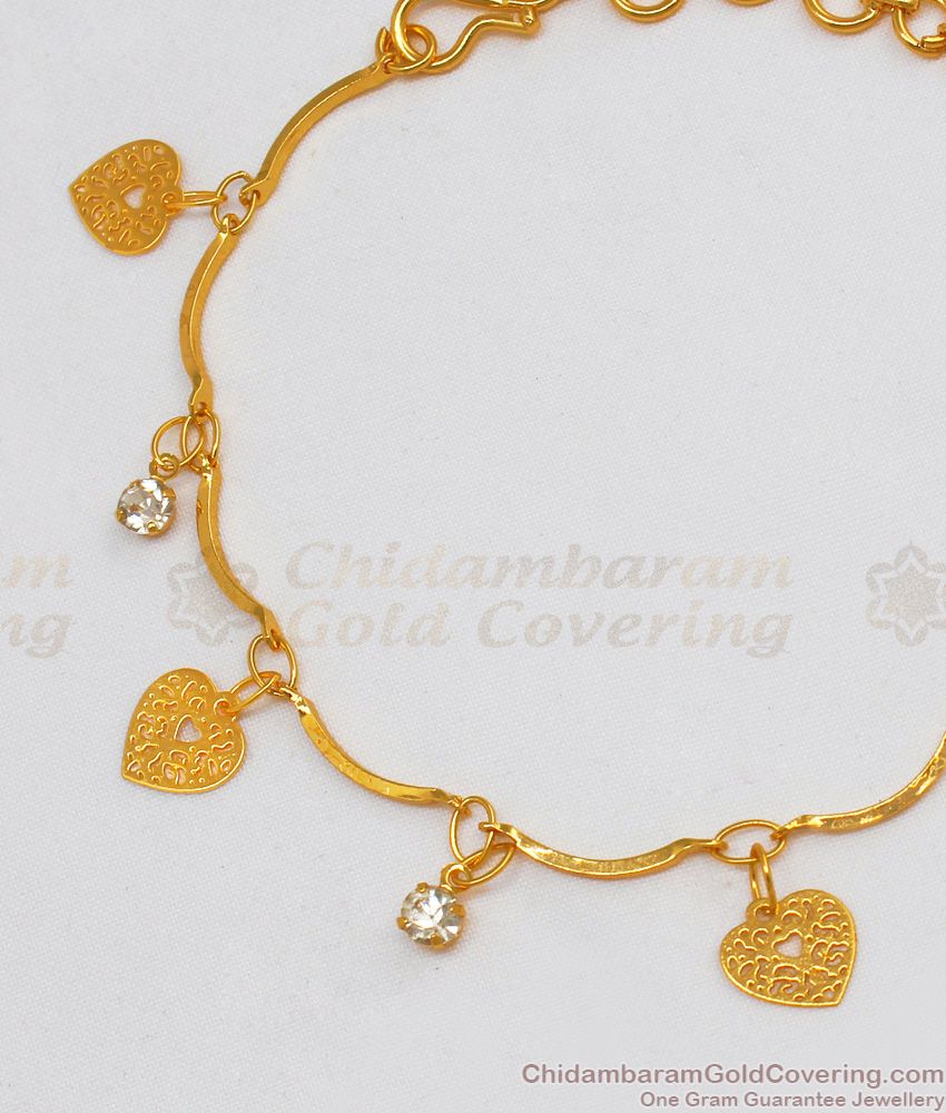 Thin Gold Bracelet Heart Design Hanging White Stones Bracelet Daily Wear BRAC262