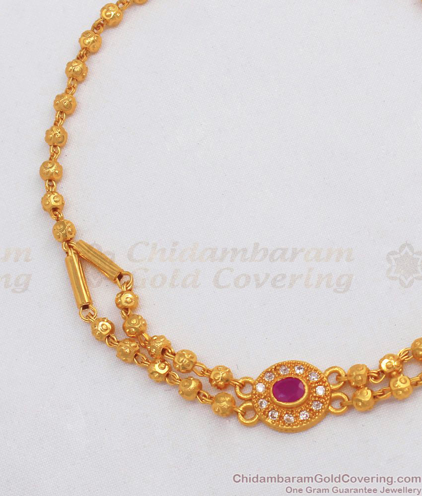 Double Line Gold Bracelet Ruby Stone  With Gold Beads Design For Special Occasions BRAC266