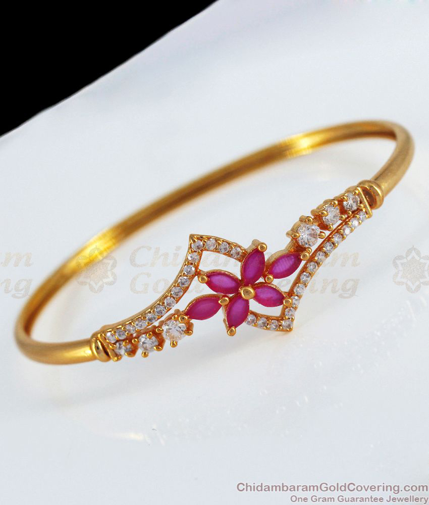 Fantastic Flower Design Ruby White Stone Gold Bracelet BRAC390
