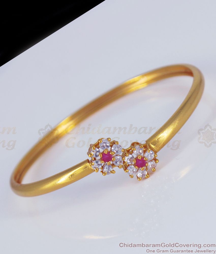 Ruby White Stone Flower Design Open Type Gold Bracelet BRAC477