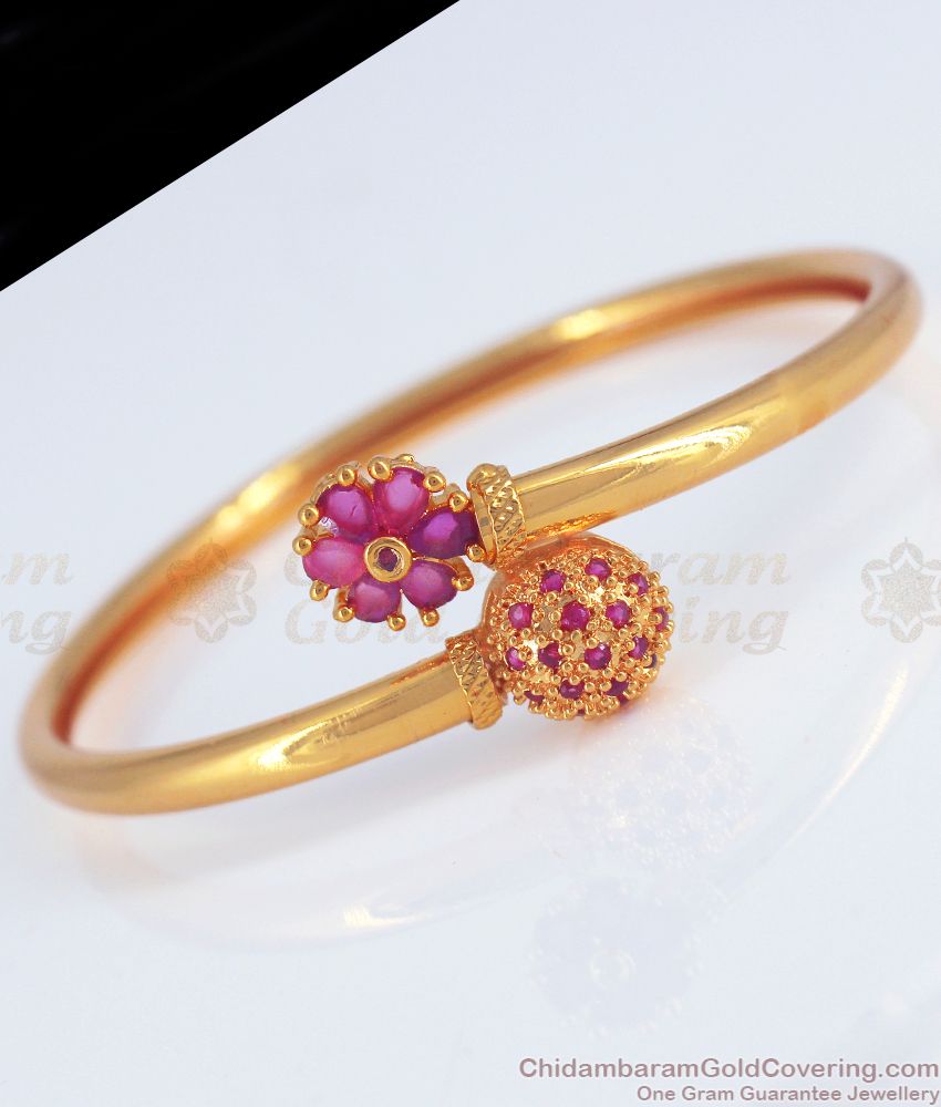 Floral Semi Ball Ruby Stone Gold Bracelet Open Type BRAC500